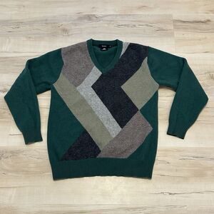 Bossini Men XL Sweater 100% Lambswool V-Neck Pullover Green Grandpa READ